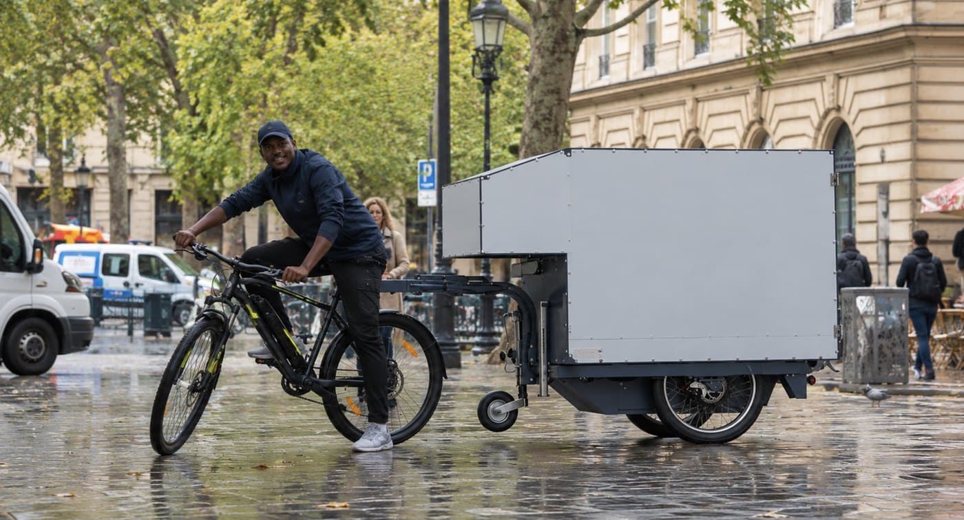 Livreur à vélo avec une remorque cargo dans une rue de Paris